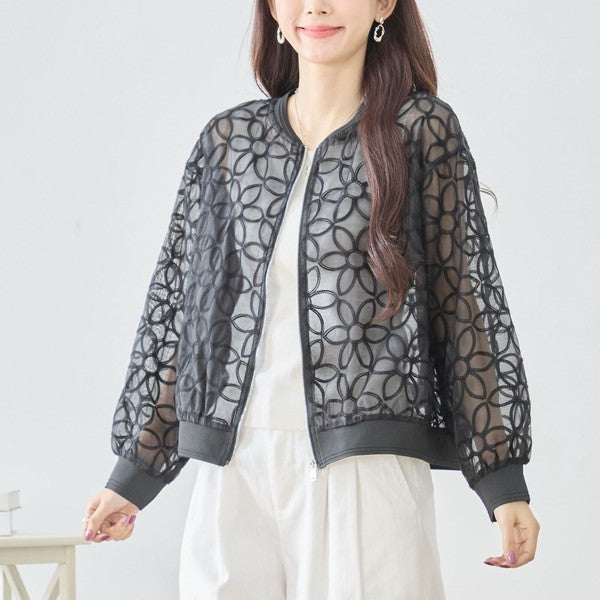 シースルー フラワーレース ジップブルゾン 刺繍 羽織り ノーカラー きれいめ