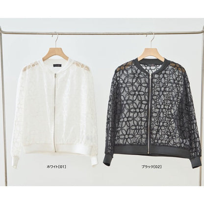 シースルー フラワーレース ジップブルゾン 刺繍 羽織り ノーカラー きれいめ