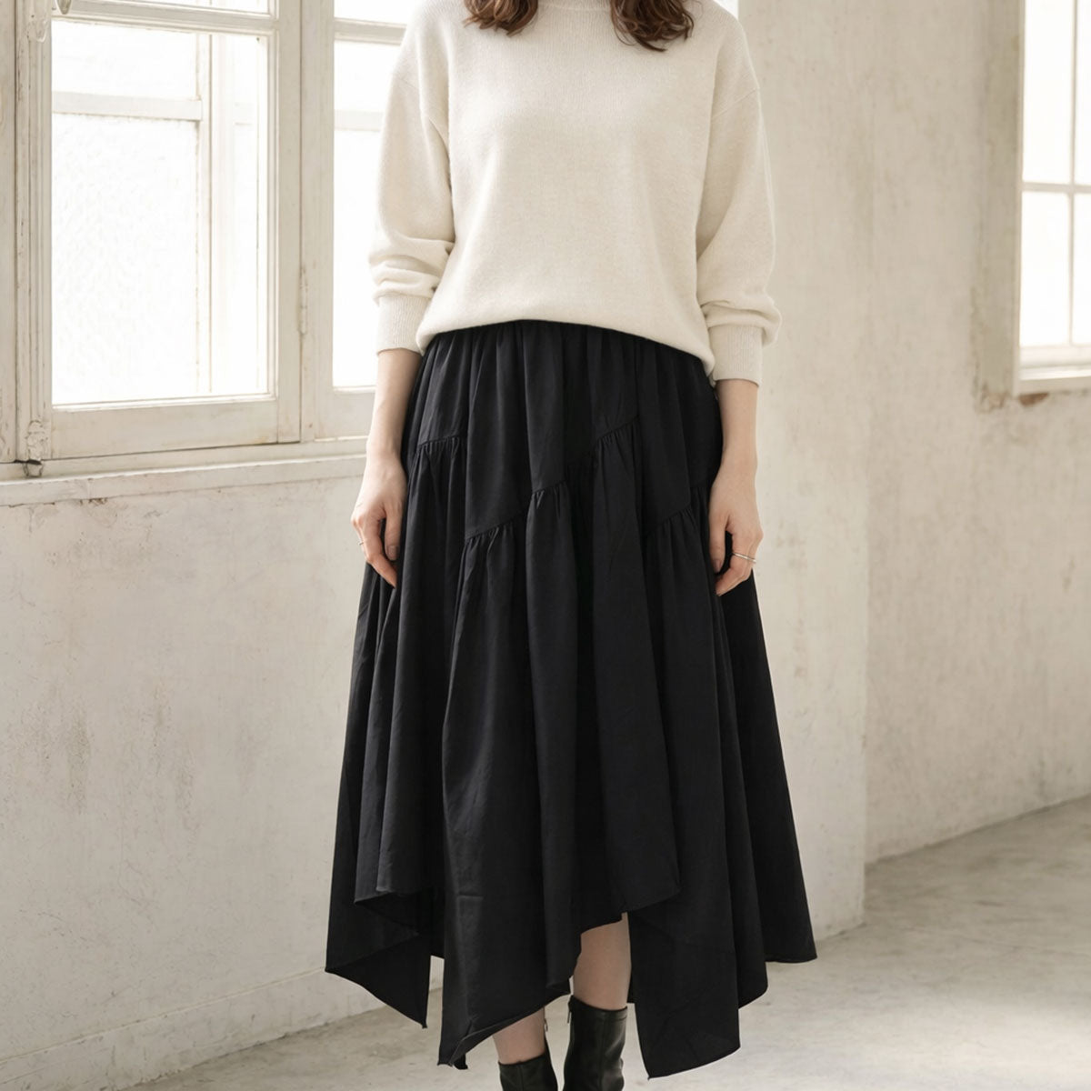 【M〜L】アシンメトリーギャザースカート｜Economico