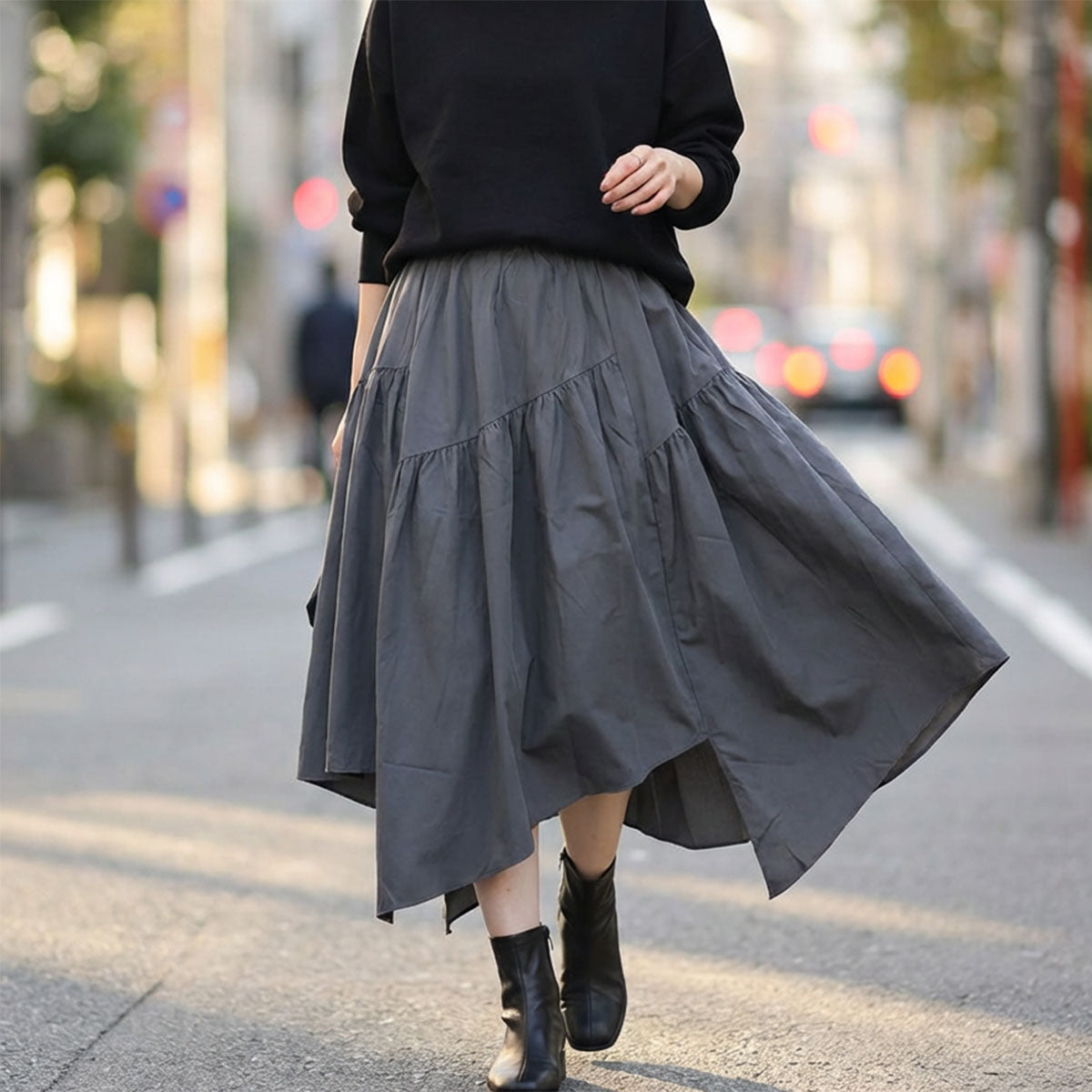 【M〜L】アシンメトリーギャザースカート｜Economico