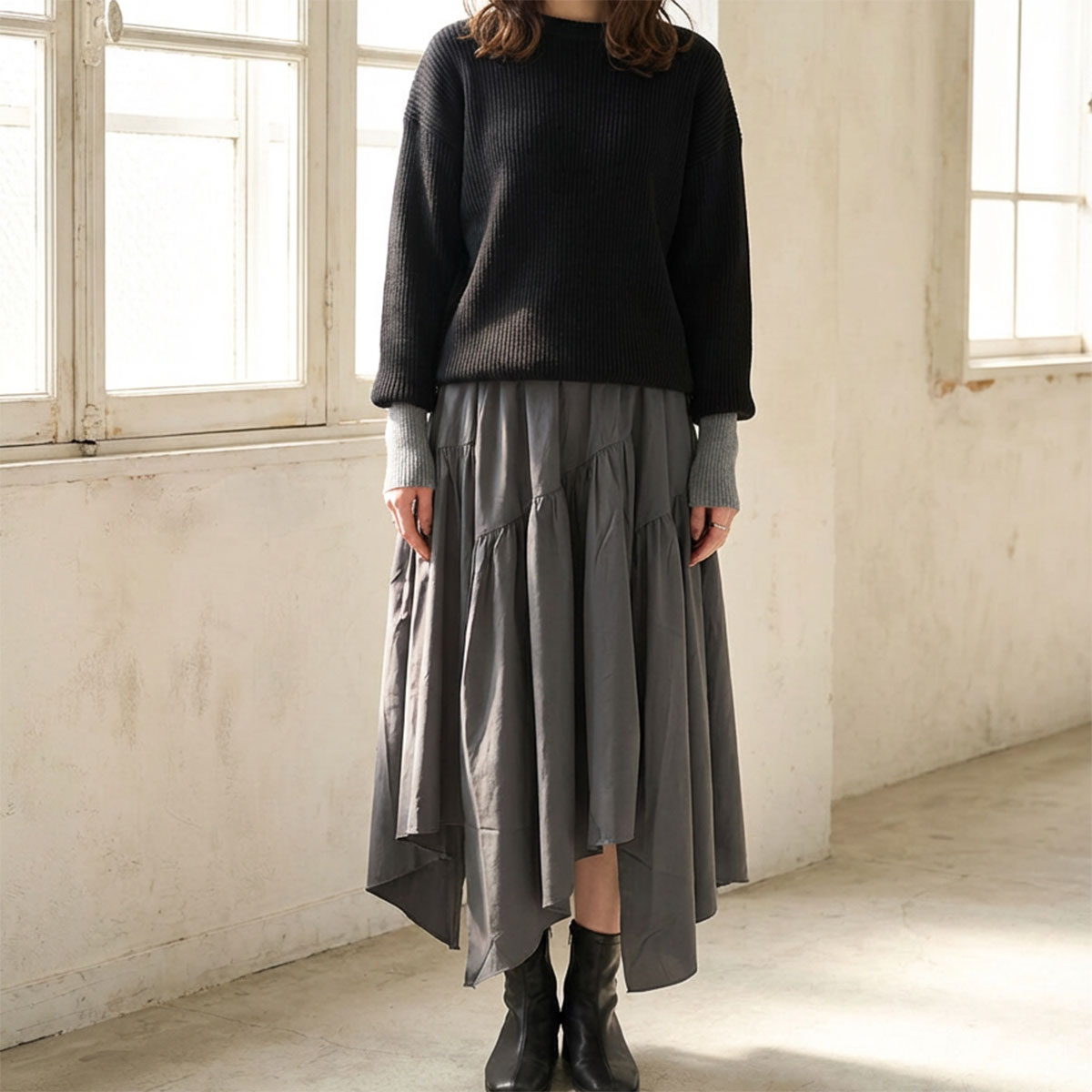 【M〜L】アシンメトリーギャザースカート｜Economico