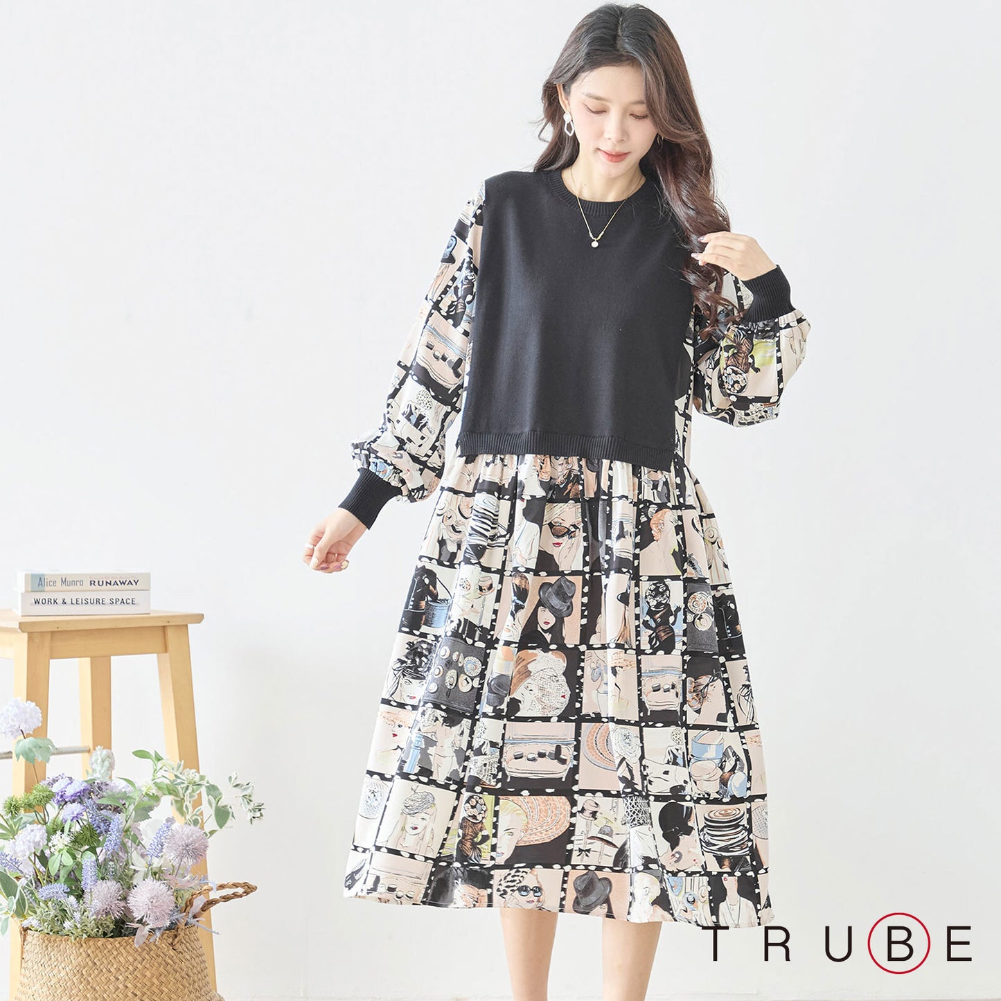 ニットドッキング アート柄ワンピース 異素材切替 長袖 レトロ プリント