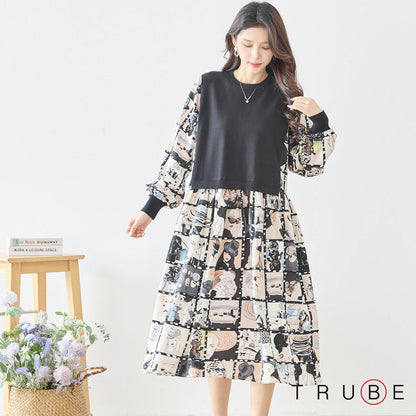 ニットドッキング アート柄ワンピース 異素材切替 長袖 レトロ プリント