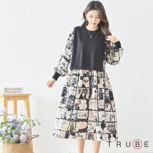 ニットドッキング アート柄ワンピース 異素材切替 長袖 レトロ プリント