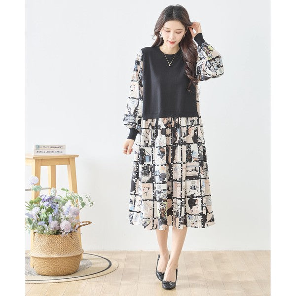 ニットドッキング アート柄ワンピース 異素材切替 長袖 レトロ プリント