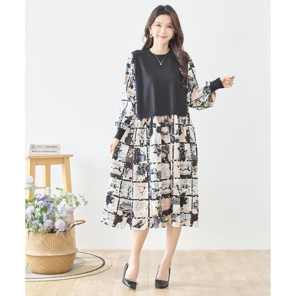 ニットドッキング アート柄ワンピース 異素材切替 長袖 レトロ プリント