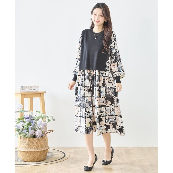 ニットドッキング アート柄ワンピース 異素材切替 長袖 レトロ プリント