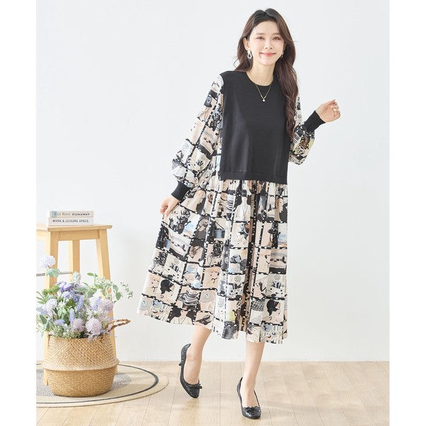 ニットドッキング アート柄ワンピース 異素材切替 長袖 レトロ プリント