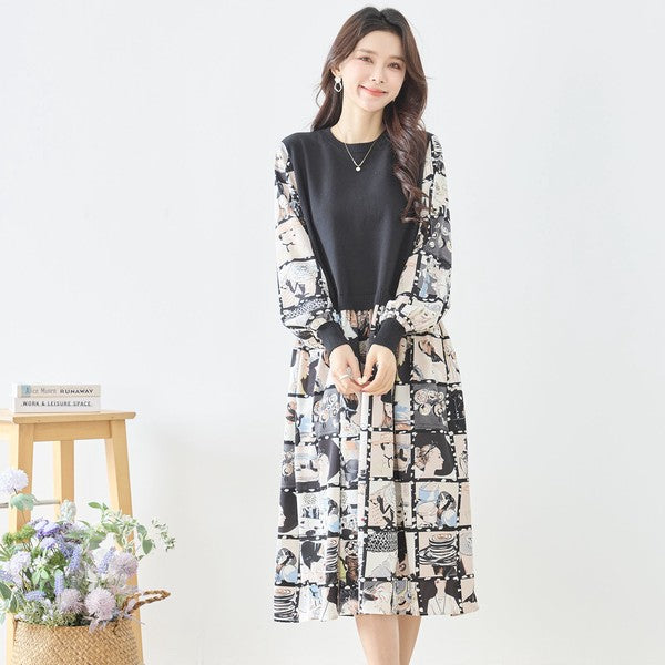 ニットドッキング アート柄ワンピース 異素材切替 長袖 レトロ プリント