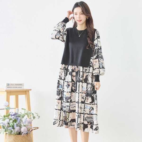 ニットドッキング アート柄ワンピース 異素材切替 長袖 レトロ プリント