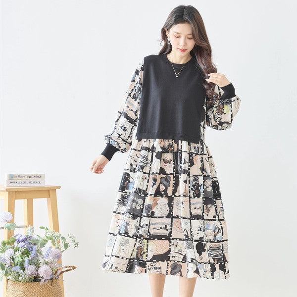 ニットドッキング アート柄ワンピース 異素材切替 長袖 レトロ プリント