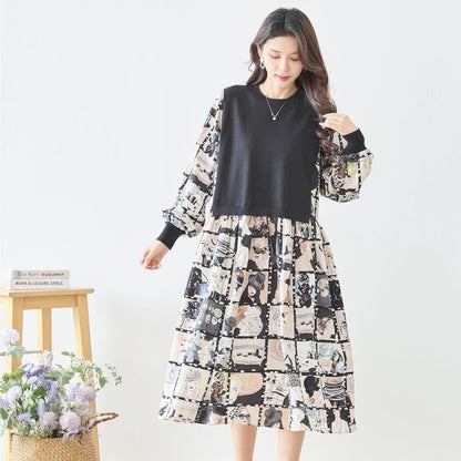 ニットドッキング アート柄ワンピース 異素材切替 長袖 レトロ プリント