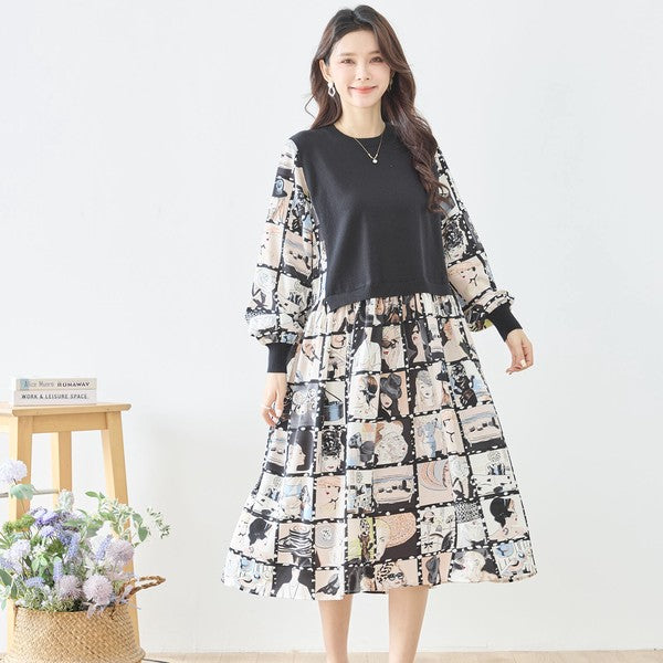 ニットドッキング アート柄ワンピース 異素材切替 長袖 レトロ プリント