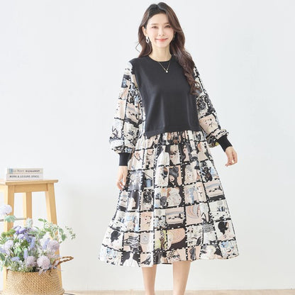 ニットドッキング アート柄ワンピース 異素材切替 長袖 レトロ プリント