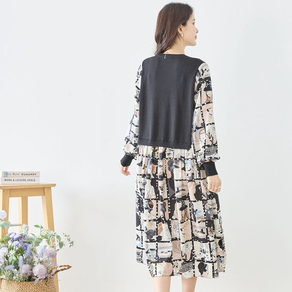 ニットドッキング アート柄ワンピース 異素材切替 長袖 レトロ プリント