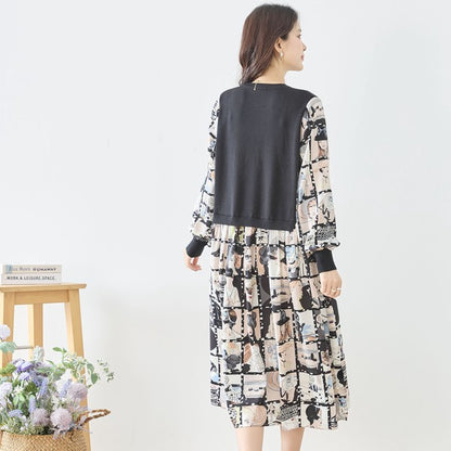 ニットドッキング アート柄ワンピース 異素材切替 長袖 レトロ プリント