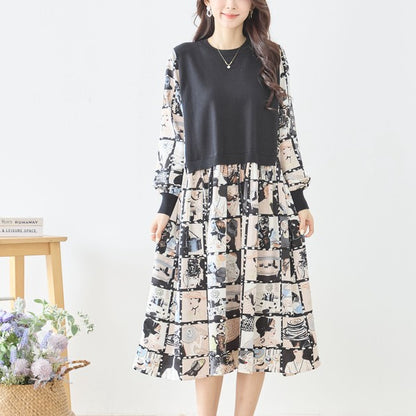 ニットドッキング アート柄ワンピース 異素材切替 長袖 レトロ プリント