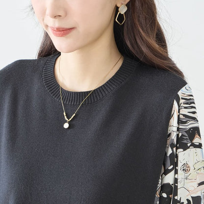 ニットドッキング アート柄ワンピース 異素材切替 長袖 レトロ プリント