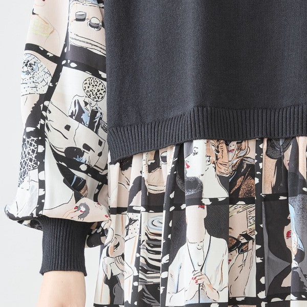 ニットドッキング アート柄ワンピース 異素材切替 長袖 レトロ プリント