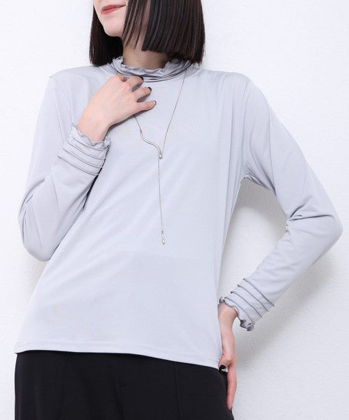 【M〜L】首・袖ネット使い切替カットソー フリルネック ハイネック インナー 重ね着