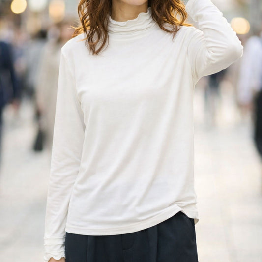 【M〜L】首・袖ネット使い切替カットソー フリルネック ハイネック インナー 重ね着