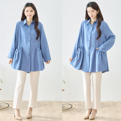 フレアポケット シャツチュニック 長袖 襟付き 前開き 体型カバー ゆったり 羽織り