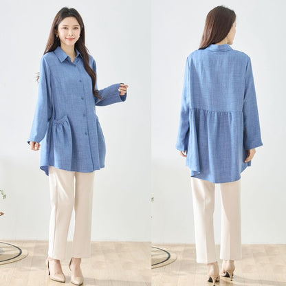 フレアポケット シャツチュニック 長袖 襟付き 前開き 体型カバー ゆったり 羽織り