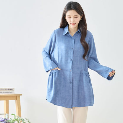 フレアポケット シャツチュニック 長袖 襟付き 前開き 体型カバー ゆったり 羽織り