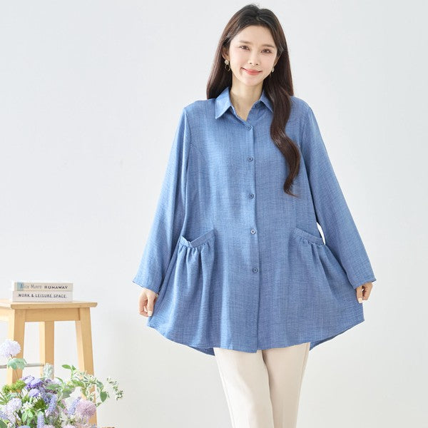 フレアポケット シャツチュニック 長袖 襟付き 前開き 体型カバー ゆったり 羽織り