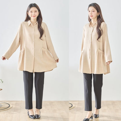 フレアポケット シャツチュニック 長袖 襟付き 前開き 体型カバー ゆったり 羽織り