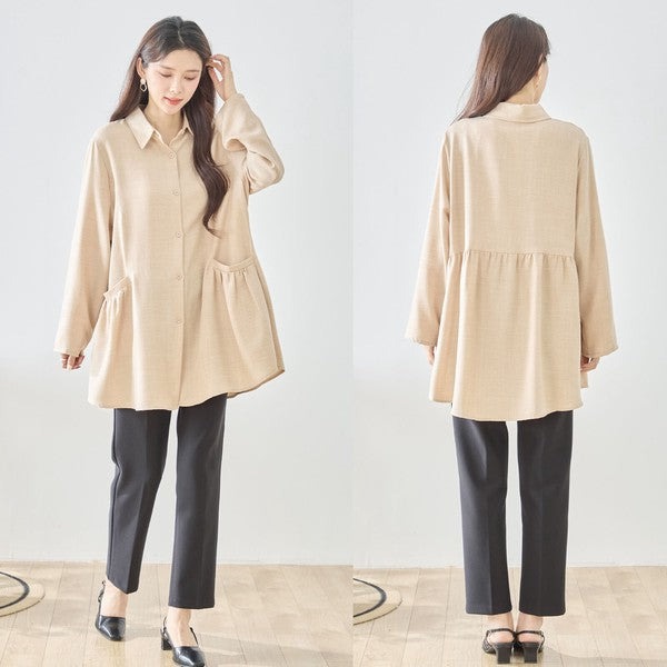 フレアポケット シャツチュニック 長袖 襟付き 前開き 体型カバー ゆったり 羽織り