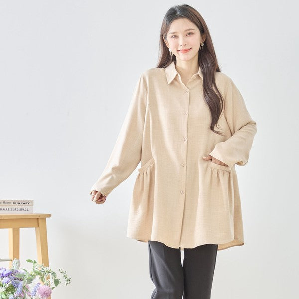 フレアポケット シャツチュニック 長袖 襟付き 前開き 体型カバー ゆったり 羽織り