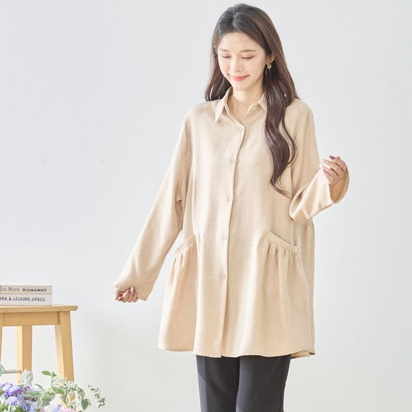 フレアポケット シャツチュニック 長袖 襟付き 前開き 体型カバー ゆったり 羽織り
