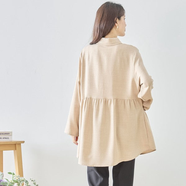 フレアポケット シャツチュニック 長袖 襟付き 前開き 体型カバー ゆったり 羽織り