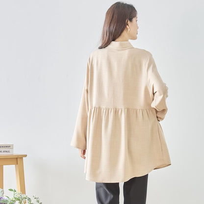 フレアポケット シャツチュニック 長袖 襟付き 前開き 体型カバー ゆったり 羽織り