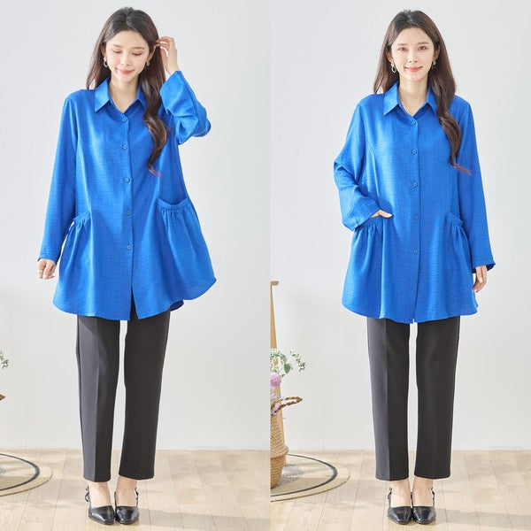 フレアポケット シャツチュニック 長袖 襟付き 前開き 体型カバー ゆったり 羽織り