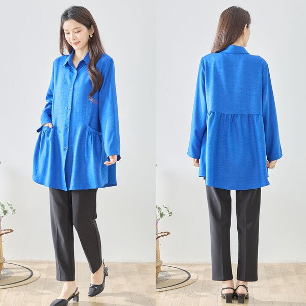 フレアポケット シャツチュニック 長袖 襟付き 前開き 体型カバー ゆったり 羽織り