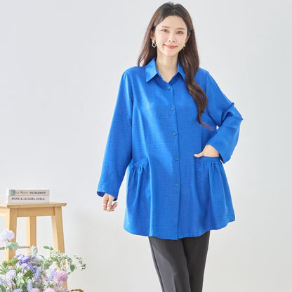 フレアポケット シャツチュニック 長袖 襟付き 前開き 体型カバー ゆったり 羽織り