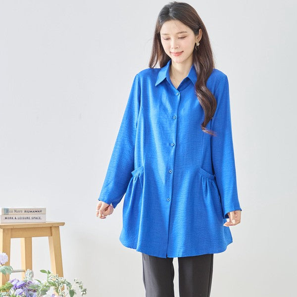 フレアポケット シャツチュニック 長袖 襟付き 前開き 体型カバー ゆったり 羽織り