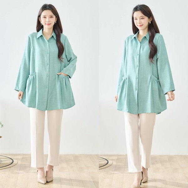 フレアポケット シャツチュニック 長袖 襟付き 前開き 体型カバー ゆったり 羽織り