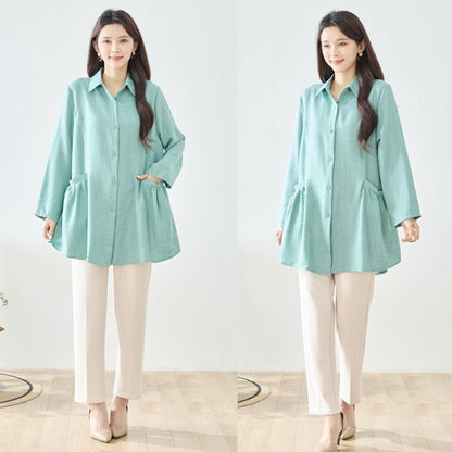 フレアポケット シャツチュニック 長袖 襟付き 前開き 体型カバー ゆったり 羽織り