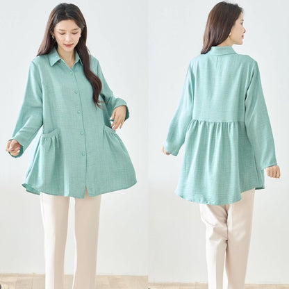 フレアポケット シャツチュニック 長袖 襟付き 前開き 体型カバー ゆったり 羽織り