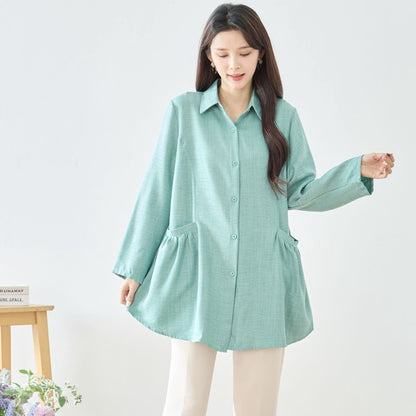 フレアポケット シャツチュニック 長袖 襟付き 前開き 体型カバー ゆったり 羽織り
