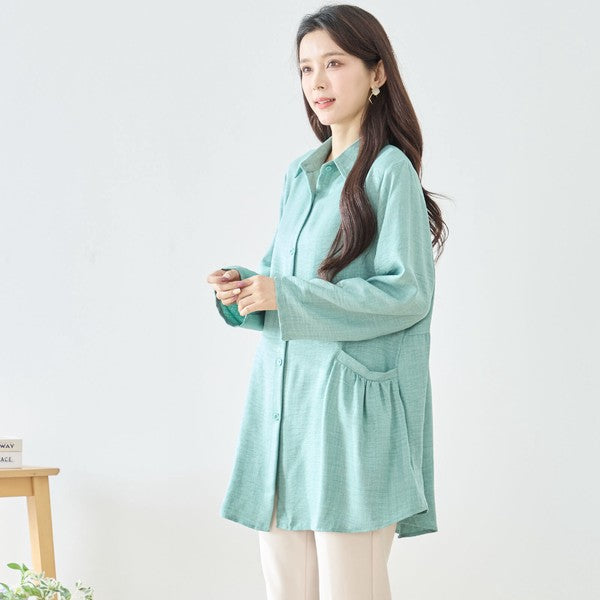 フレアポケット シャツチュニック 長袖 襟付き 前開き 体型カバー ゆったり 羽織り