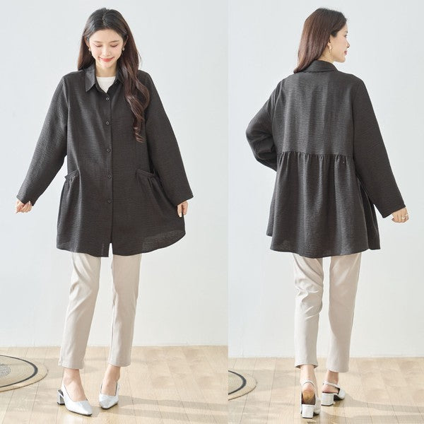 フレアポケット シャツチュニック 長袖 襟付き 前開き 体型カバー ゆったり 羽織り