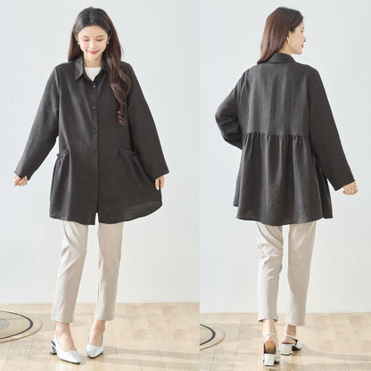 フレアポケット シャツチュニック 長袖 襟付き 前開き 体型カバー ゆったり 羽織り