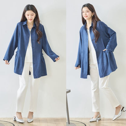フレアポケット シャツチュニック 長袖 襟付き 前開き 体型カバー ゆったり 羽織り
