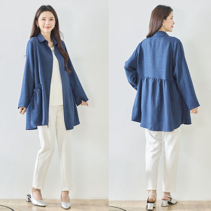 フレアポケット シャツチュニック 長袖 襟付き 前開き 体型カバー ゆったり 羽織り