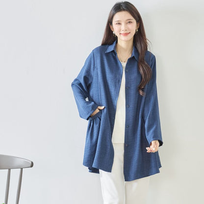 フレアポケット シャツチュニック 長袖 襟付き 前開き 体型カバー ゆったり 羽織り