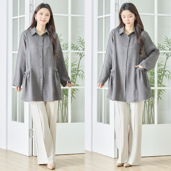 フレアポケット シャツチュニック 長袖 襟付き 前開き 体型カバー ゆったり 羽織り